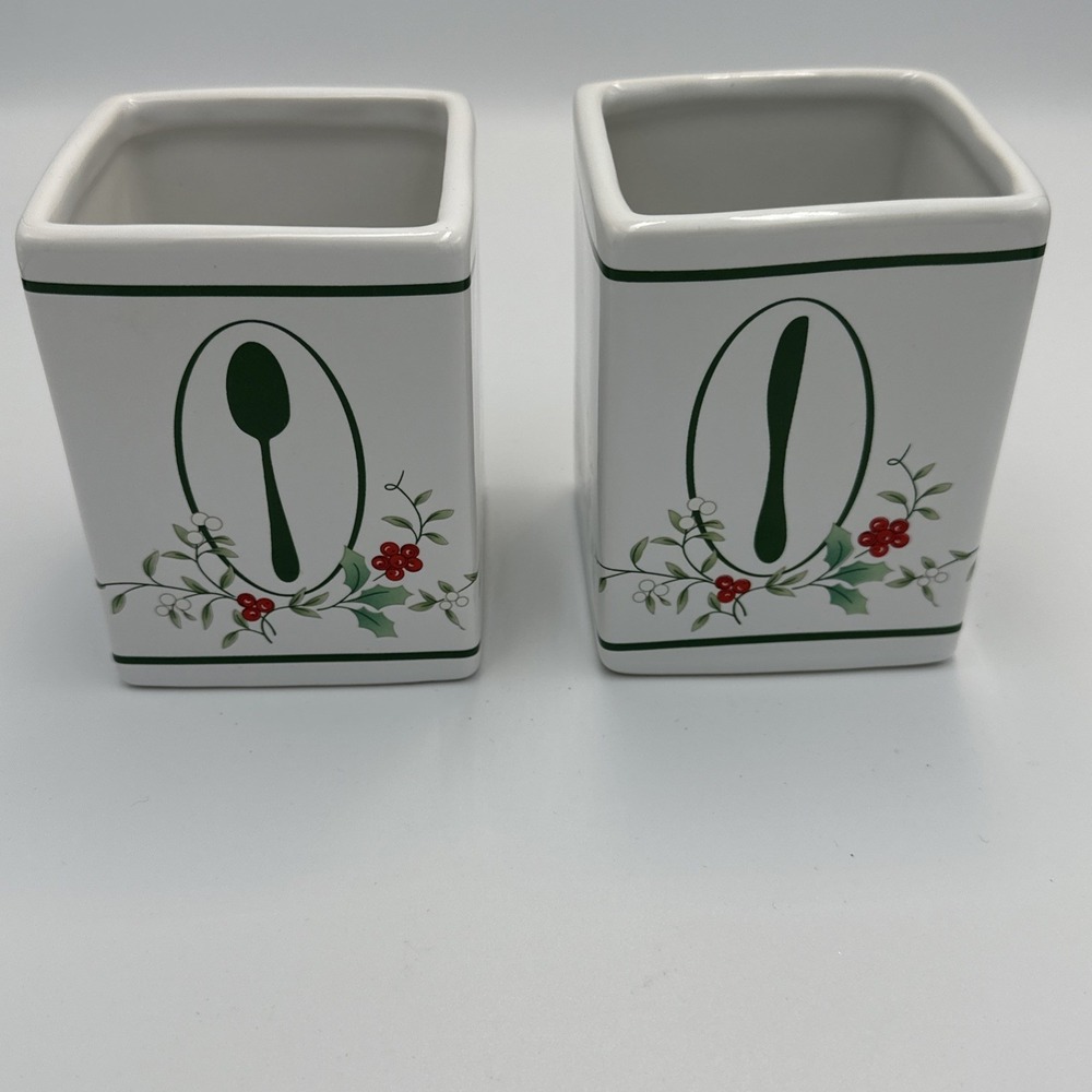 (2) Pfaltzgraff Winterberry‎ Spoon Knife Holder Christmas Table Square Stoneware